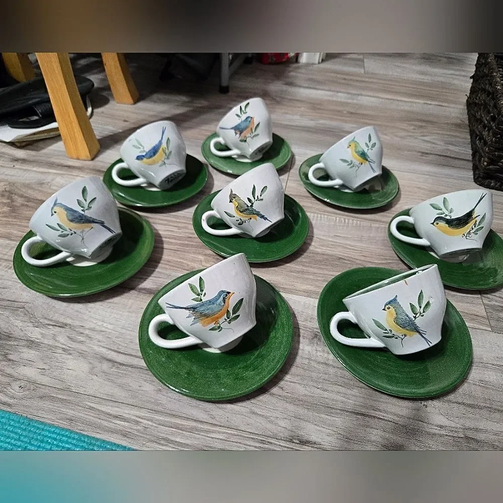 Vintage HTF Maja Mexico Pottery Cup & Saucers Hand Painted Birds - Green Trim